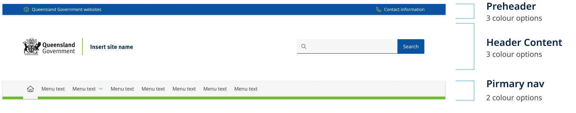 Example of the different sections of the headers and what colour options are available