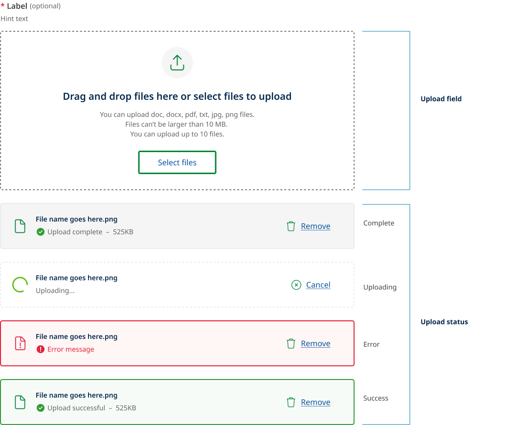 Example of the upload form field and file upload status elements.